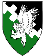 Device: Per bend Vert and Sable a bend embattled surmounted by an owl striking argent