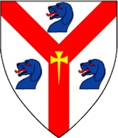 Device: Argent, on a pall gules between three talbot's heads couped azure, a cross formy fitchy Or