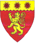 Device: Gules, a lion rampant, on a chief invected OR three suns Gules