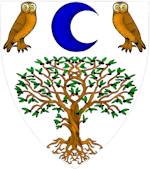 Device: Argent, an olive tree proper, in chief a decrescent azure between two brown owls respectant proper.