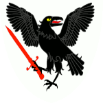 Device: Argent, a raven rising regardant wings disclosed proper, maintaining in the dexter claw a sword gules.