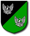 Device: Per bend sinister sable and vert, in bend two phoenixes argent.