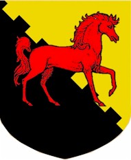 Device: Per bend embattled, sable and or. A horse passant to the sinister, gules.