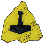 Device: Badge: (fieldless) a Thor's hammer sable on a rock Or