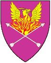 Device: Purpure, a phoenix facing sinister Or, rising from flames proper, issuant from two arrows inverted in saltire argent