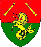 Device: Per fess inverted gules and vert a sea-unicorn rampant tail mowed and in chief two recorders in chevron Or.