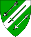 Device: vert, a bend sinister with two arrows bendwise argent, a sword vert.