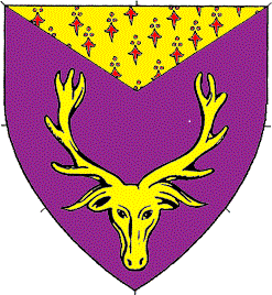 Device: Purpure, a stag's head cabossed Or and a chief triangular Or ermined gules