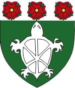 Device: Vert, a turtle and on a chief argent three roses proper.