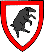 Device: Argent, a sheep rampant to sinister sable, within a bordure gules.