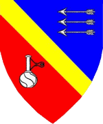 Device: Per bend azure and gules, a bend Or between three arrows in pale fesswise reversed and a wine flask palewise argent