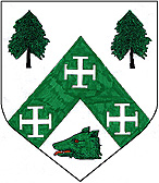 Device: argent,on a chevron vert between two fir trees couped proper and a bears head couped close vert three crosses potent argent