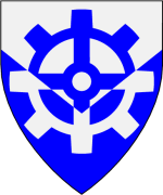 Device: Per chevron inverted argent and azure, a cogwheel counterchanged.