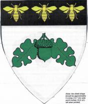 Device: Argent, a sprig of oak vert and on a chief sable three bees Or.