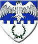 Falcon's Keep - Blazon: Per fess embattled azure and argent, a peregrine falcon displayed guardant argent and a laurel wreath vert