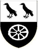 Device: Per fess argent and sable, two ravens and a wagon wheel counterchanged