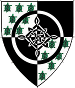 Device: Quarterly argent semy of tortoises vert and sable, a Lacy knot within and conjoined to an annulet quarterly sable and argent.