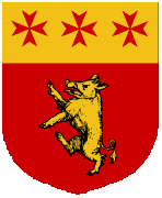 Device: Gules, a boar rampant and on a chief Or, three Maltese crosses gules
