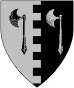 Device: Per Pale embattled argent and sable, two battle axes counted changed. device reg per Norhshield Feb 2007