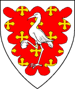 Device: Gules crusilly clechy or, a crane in its vigilance and a bordure engrailed argent